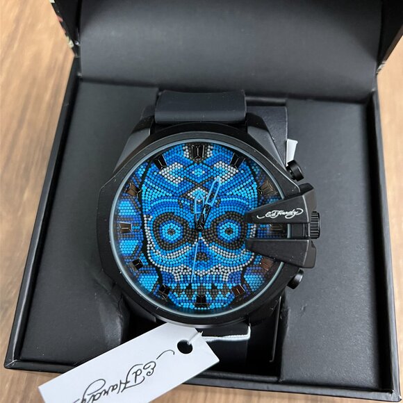 NEW Ed Hardy Blue Skull Mens Watch - Picture 3 of 11